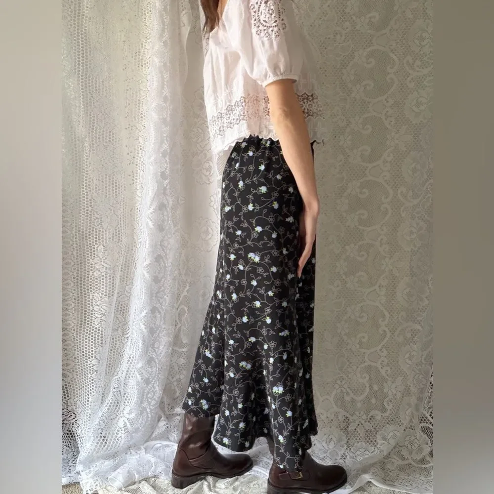 Vintage Sag Harbor Black Floral Midi Skirt Y2K Cottagecore